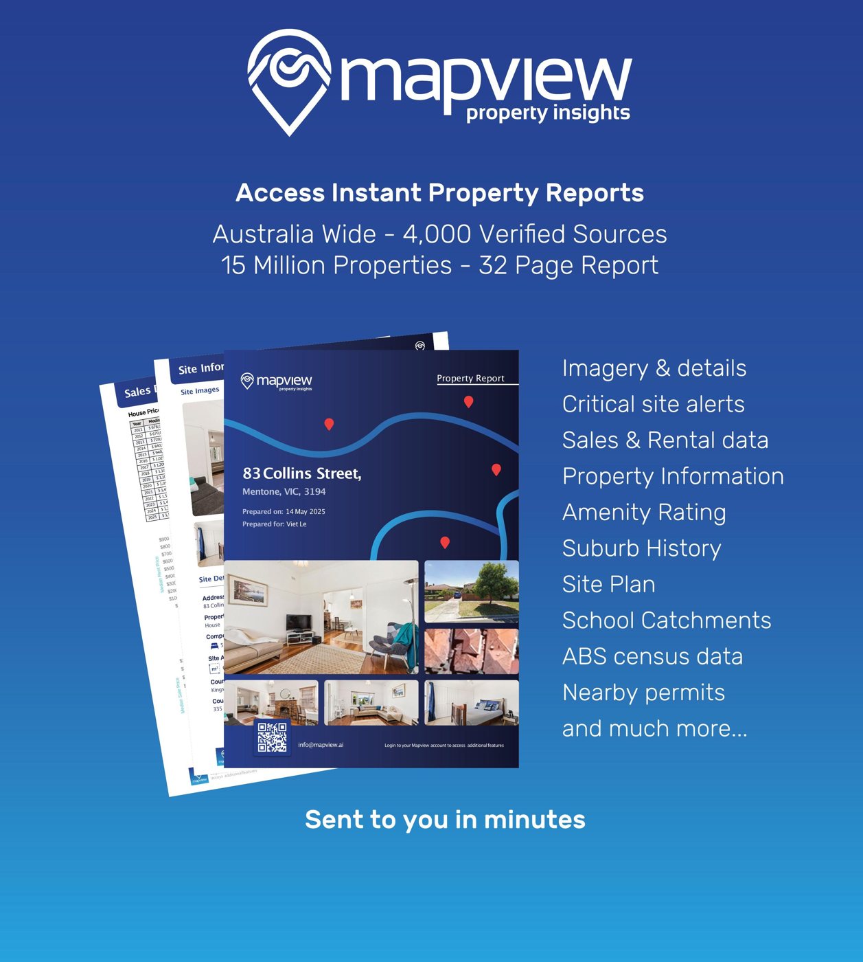 Instant property reports — 15 million properties, 4,000 verified sources, a 32-page report sent in minutes.